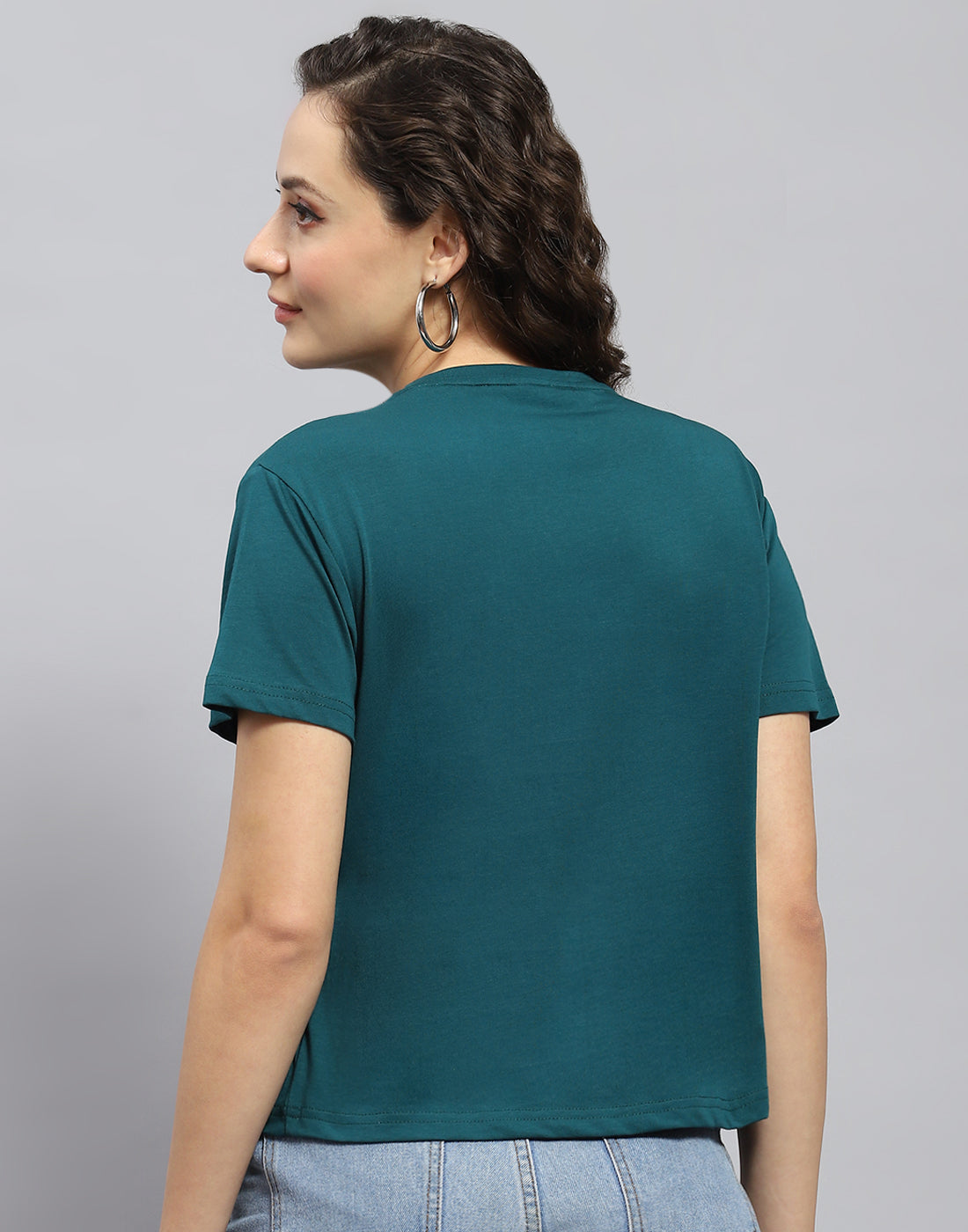 Women Teal Blue Printed Round Neck Half Sleeve Top