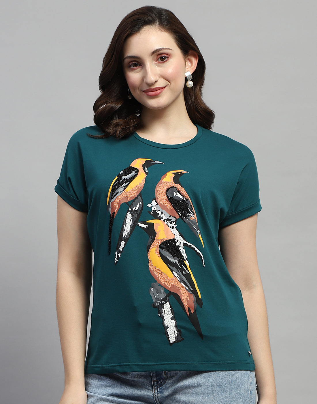 Women Green Printed Round Neck Half Sleeve Top