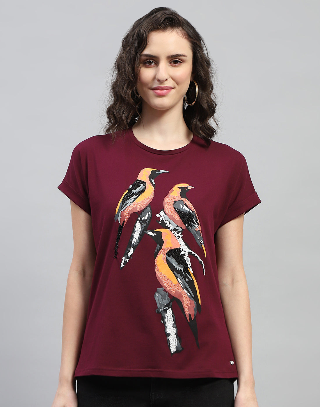 Women Maroon Printed Round Neck Half Sleeve Top