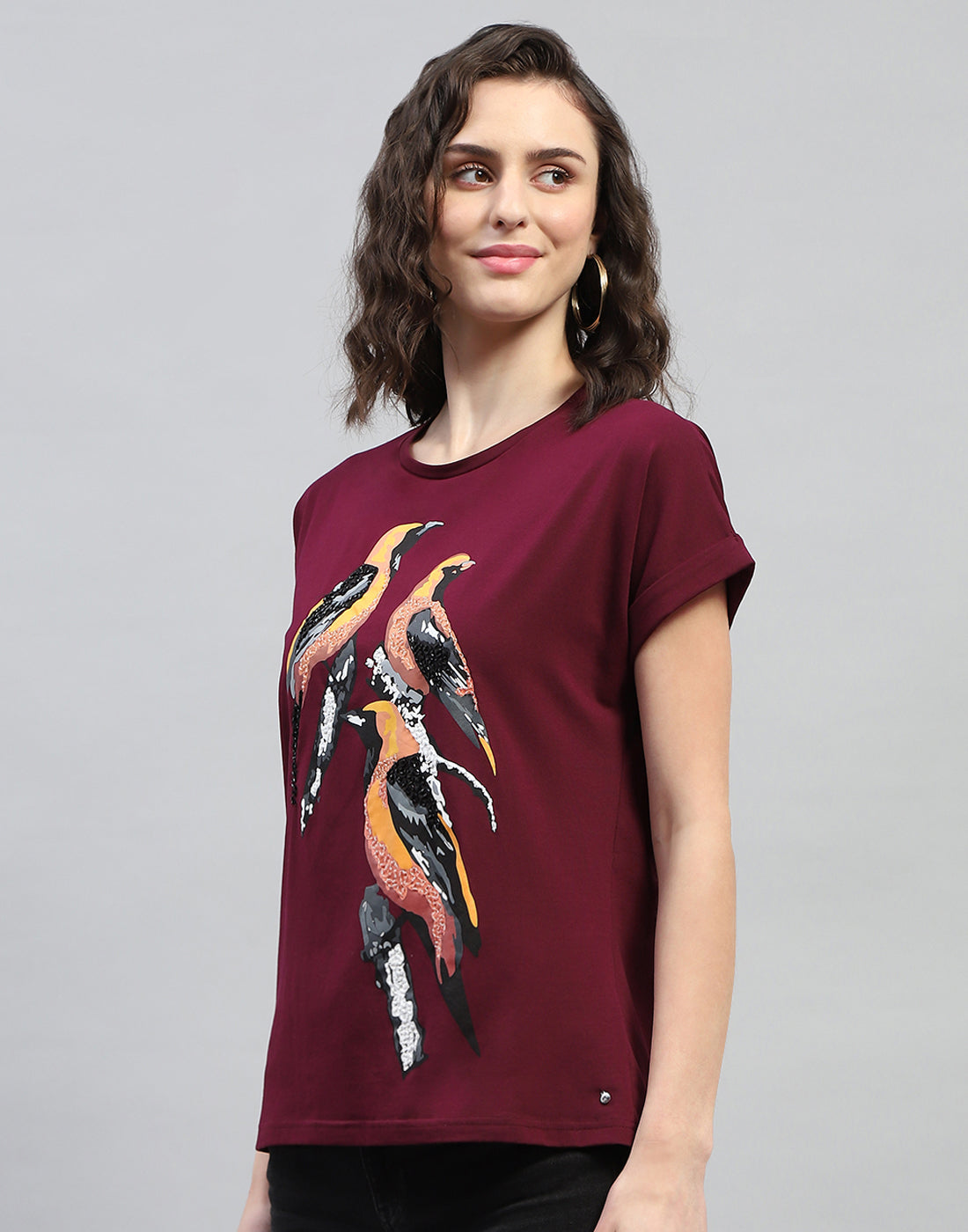 Women Maroon Printed Round Neck Half Sleeve Top