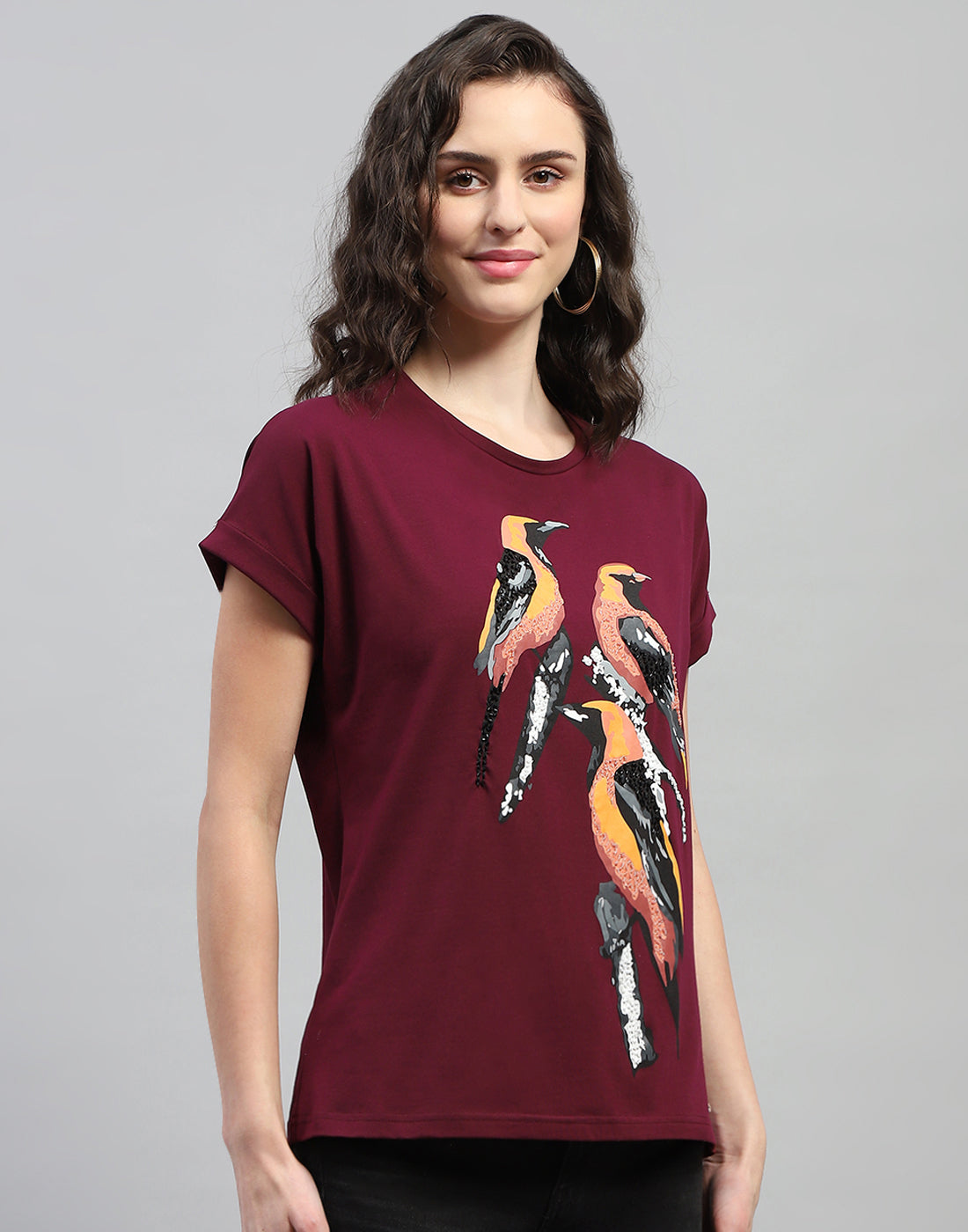 Women Maroon Printed Round Neck Half Sleeve Top