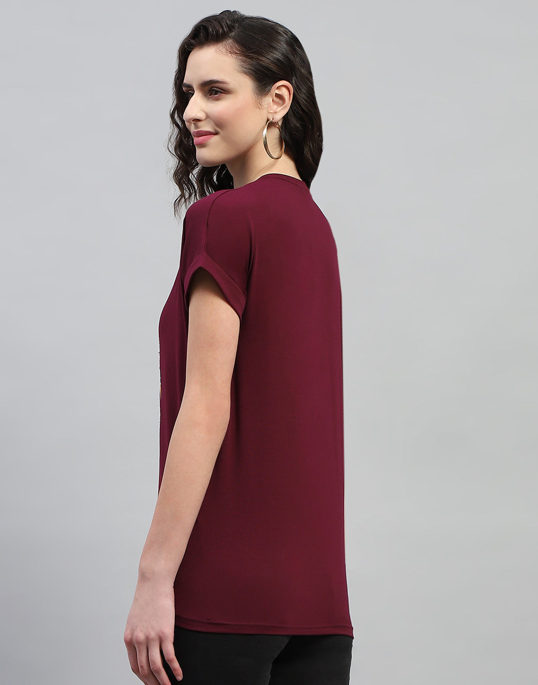 Women Maroon Printed Round Neck Half Sleeve Top