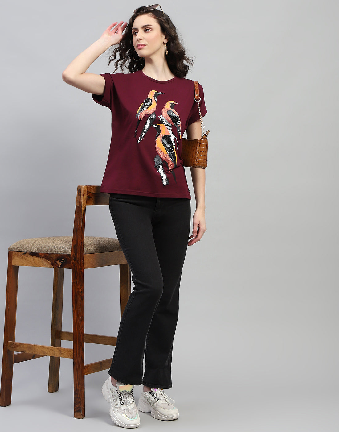 Women Maroon Printed Round Neck Half Sleeve Top