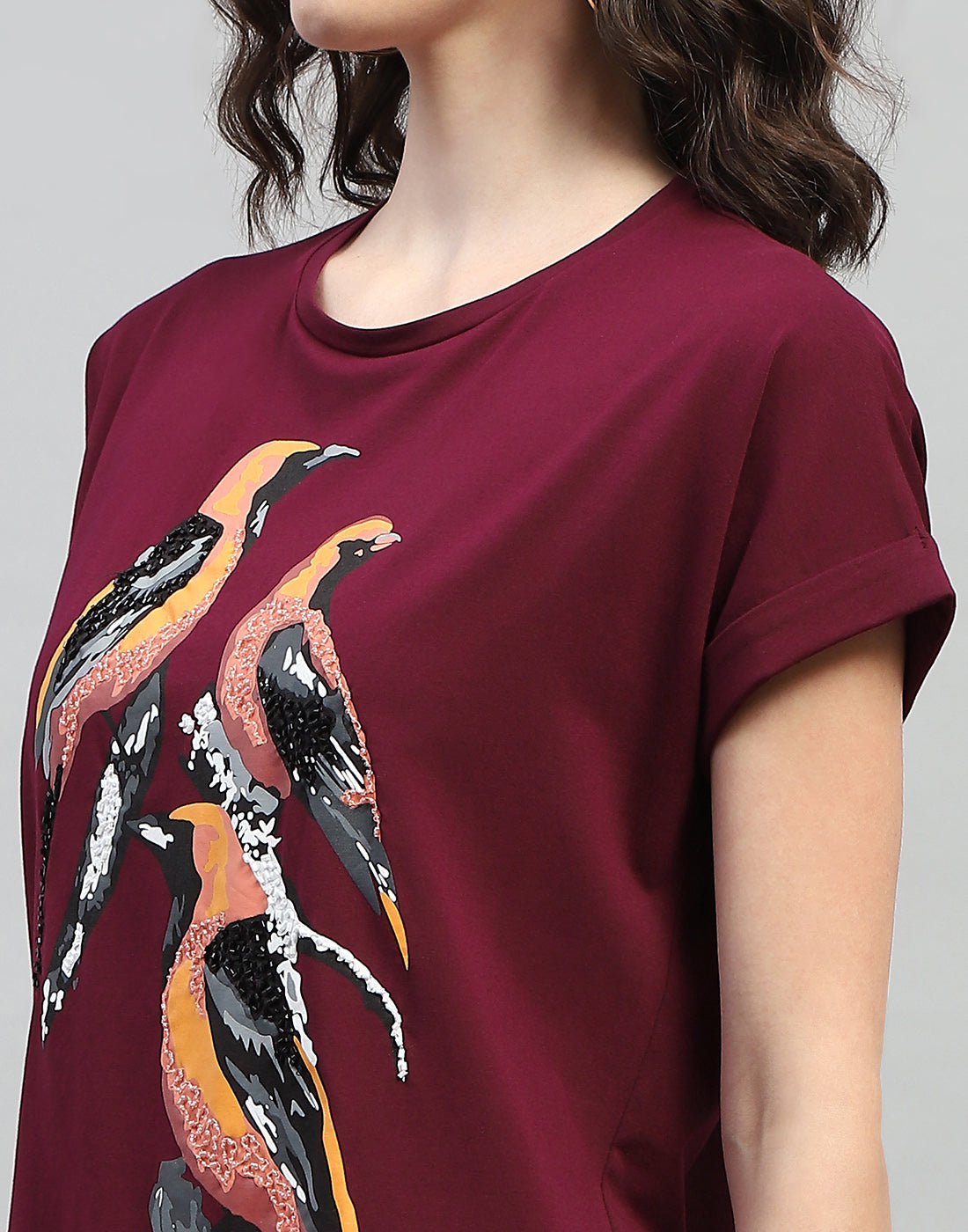 Women Maroon Printed Round Neck Half Sleeve Top