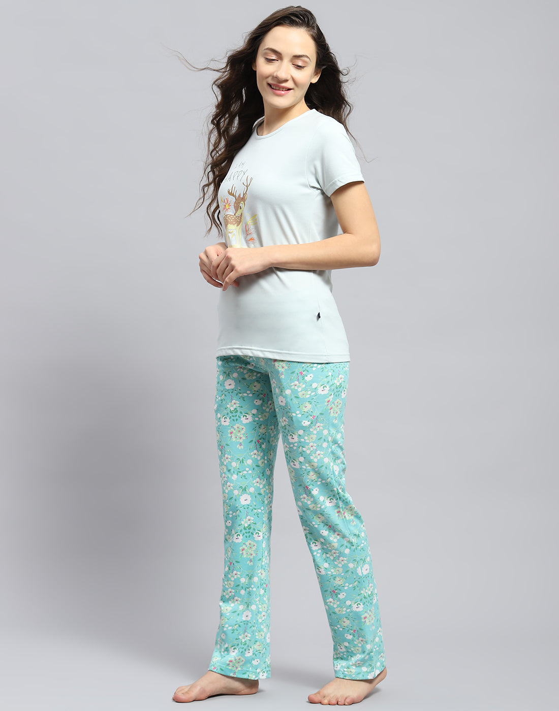 Women Sea Green Printed Round Neck Half Sleeve Lower Set