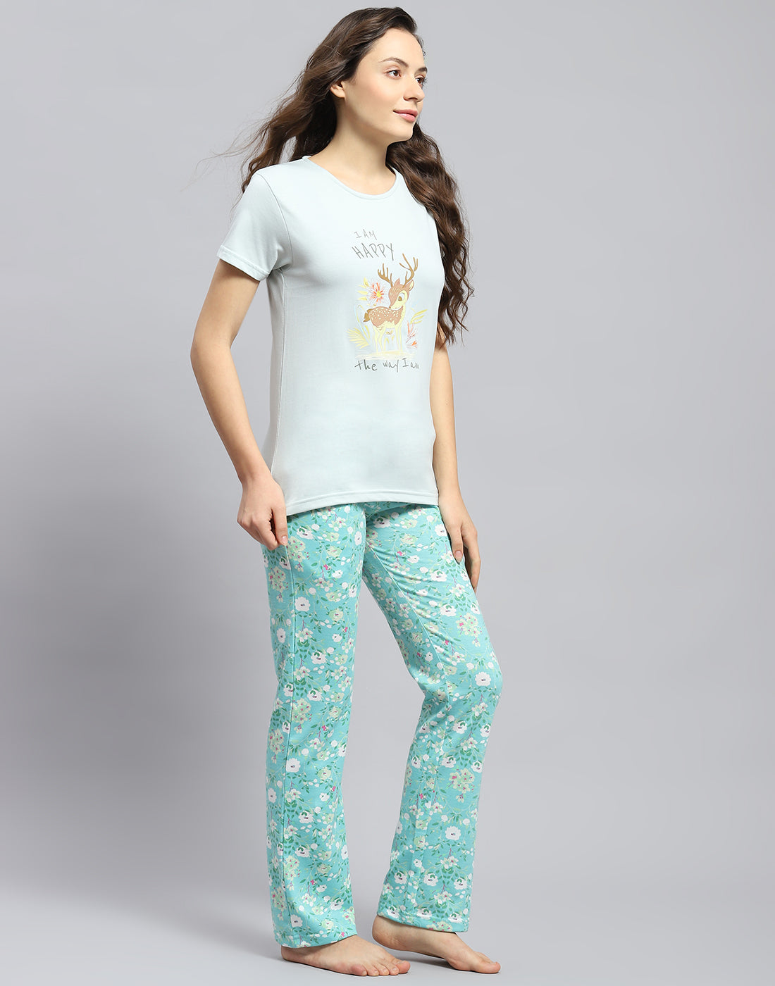 Women Sea Green Printed Round Neck Half Sleeve Lower Set
