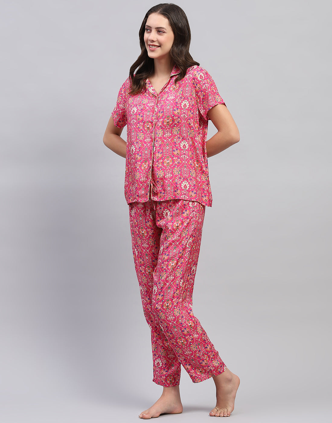 Women Magenta Printed Front Open Half Sleeve Lower Set