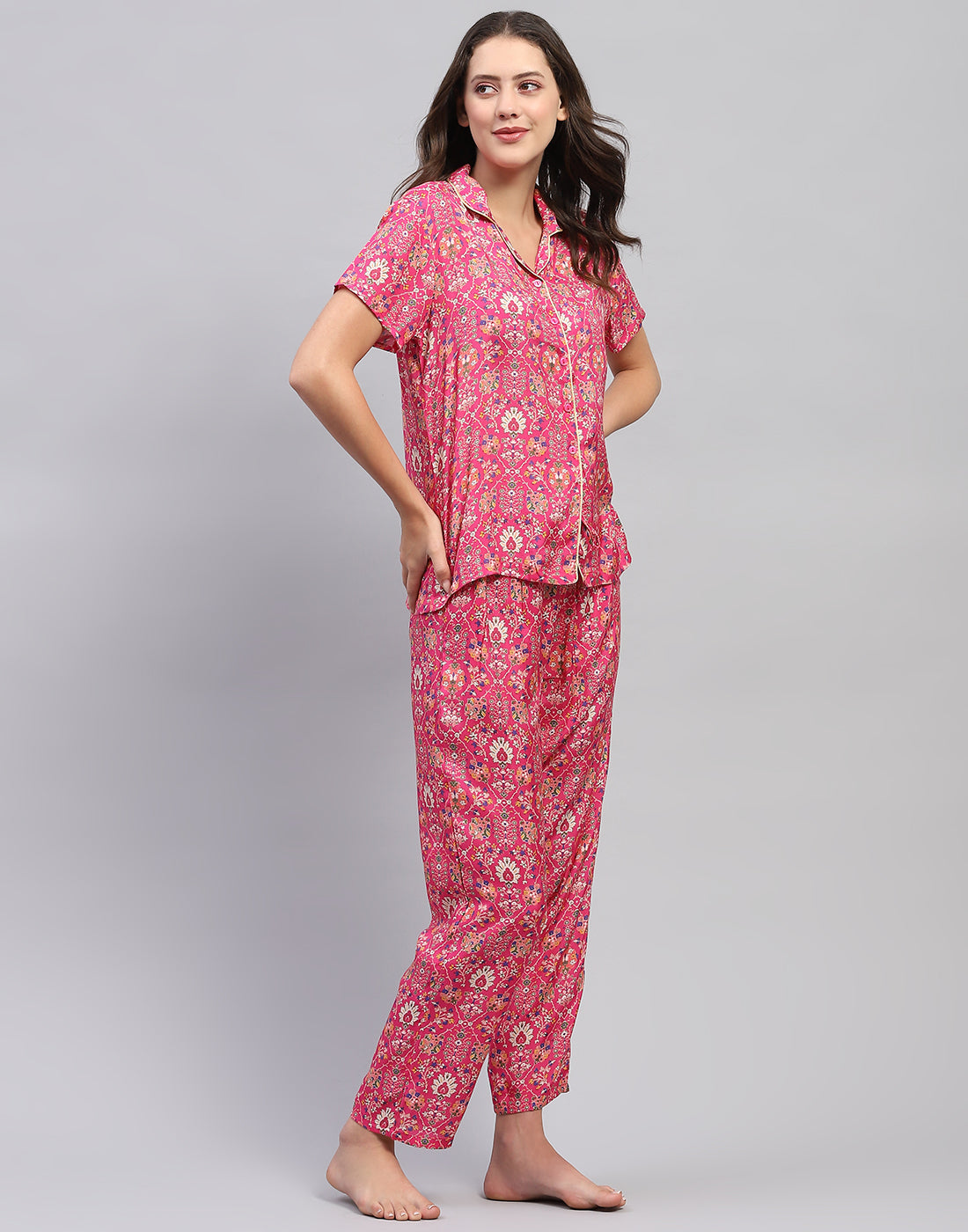 Women Magenta Printed Front Open Half Sleeve Lower Set