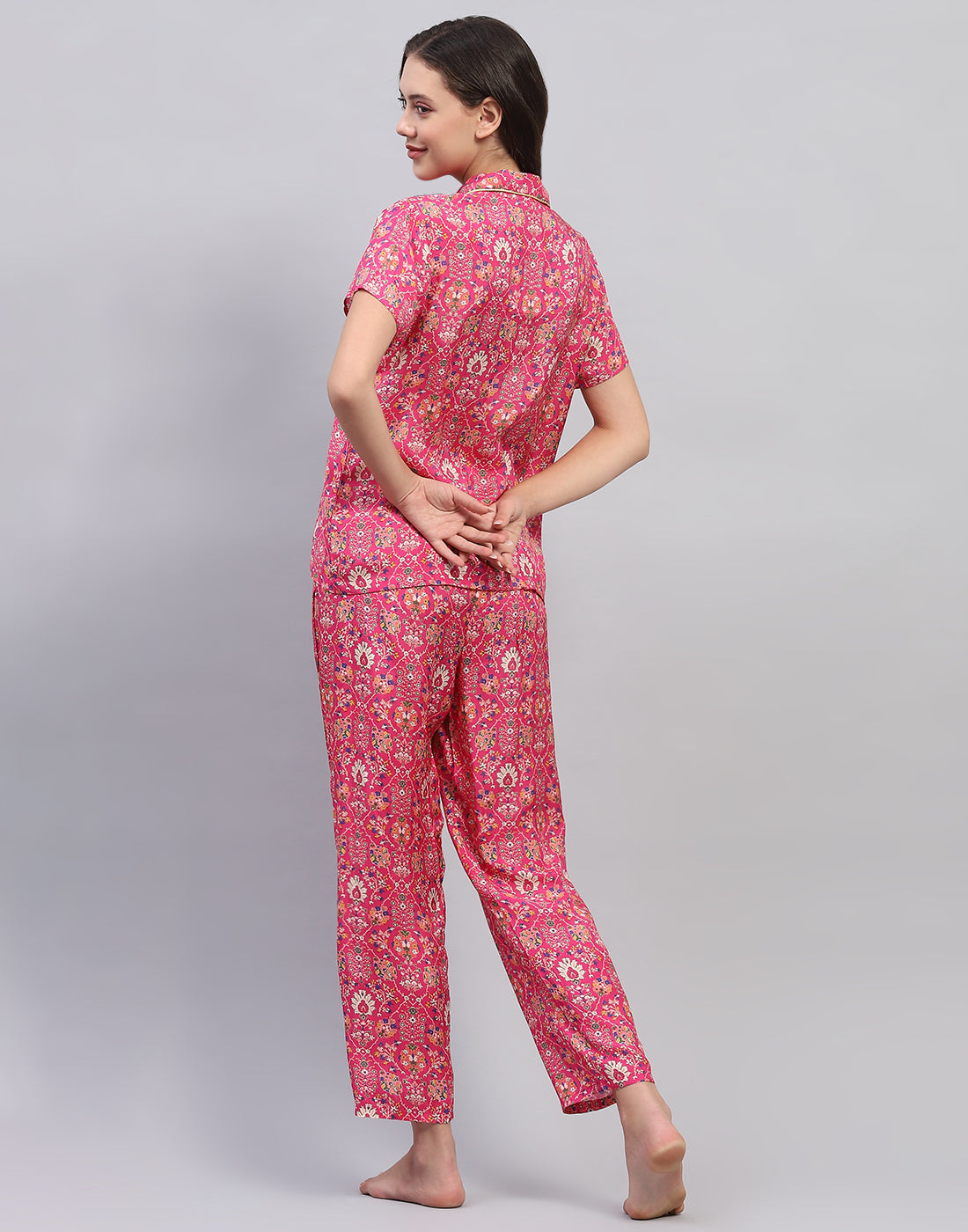 Women Magenta Printed Front Open Half Sleeve Lower Set