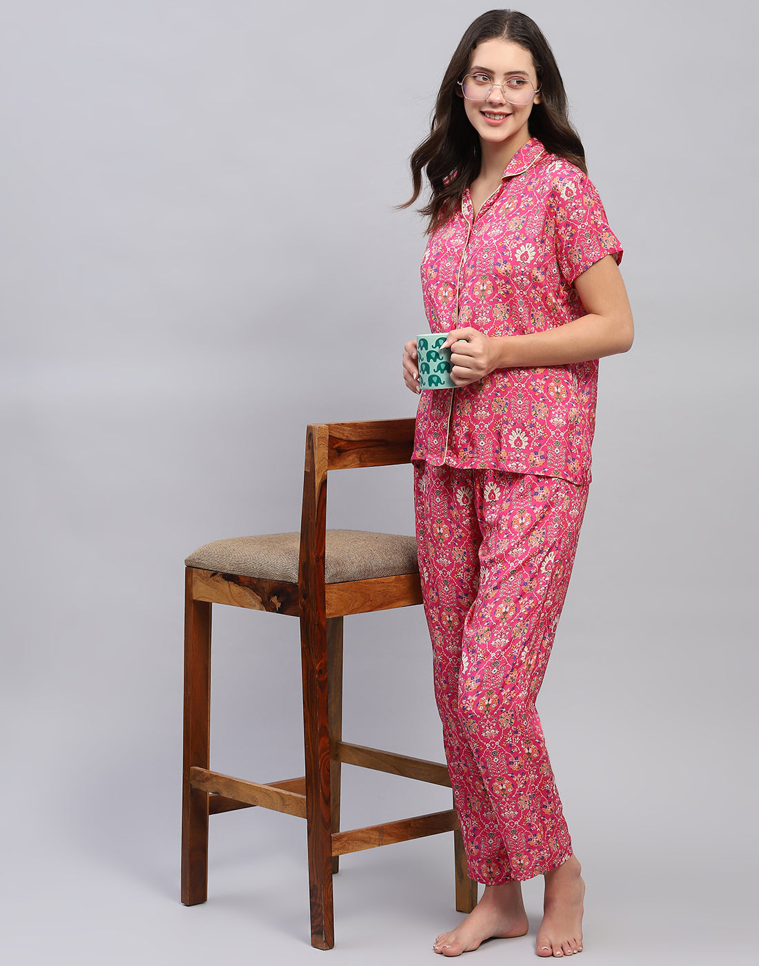 Women Magenta Printed Front Open Half Sleeve Lower Set