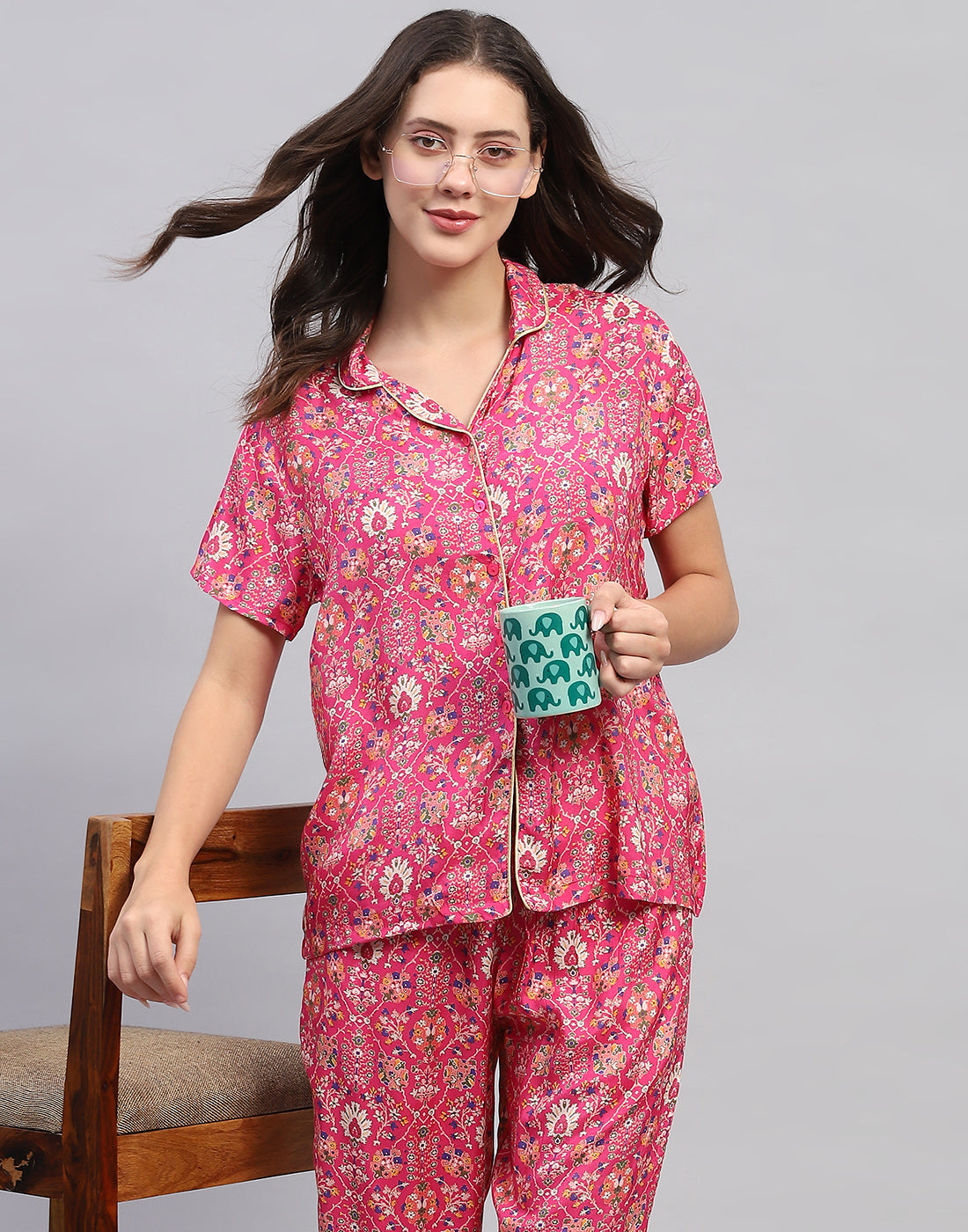 Women Magenta Printed Front Open Half Sleeve Lower Set
