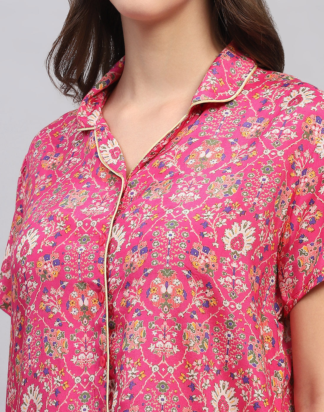 Women Magenta Printed Front Open Half Sleeve Lower Set