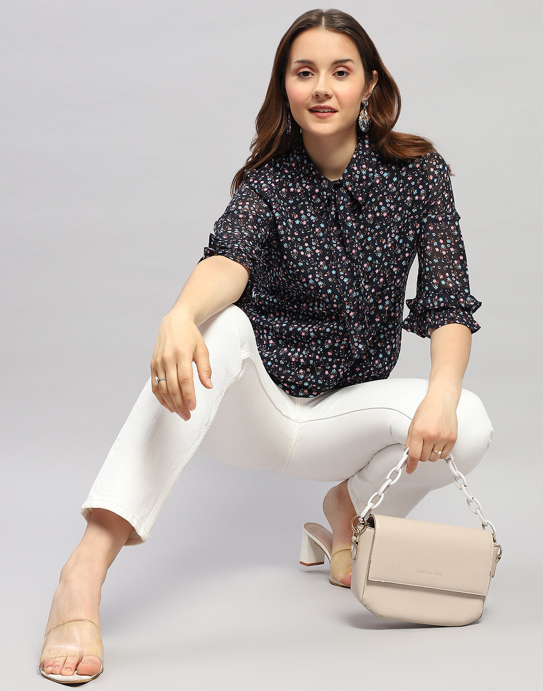 Women Navy Blue Floral Print Collar Neck 3/4 Sleeve Top