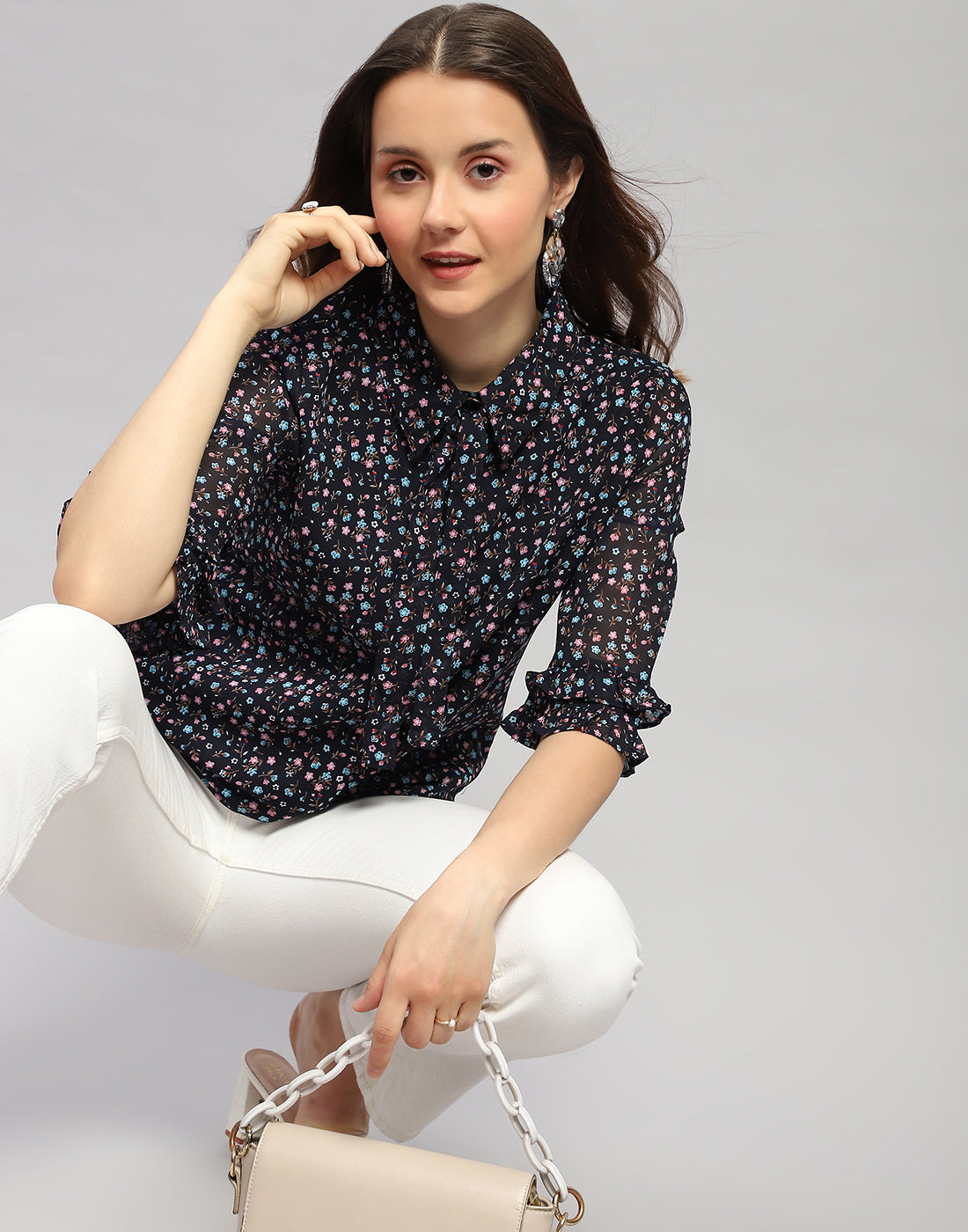 Women Navy Blue Floral Print Collar Neck 3/4 Sleeve Top