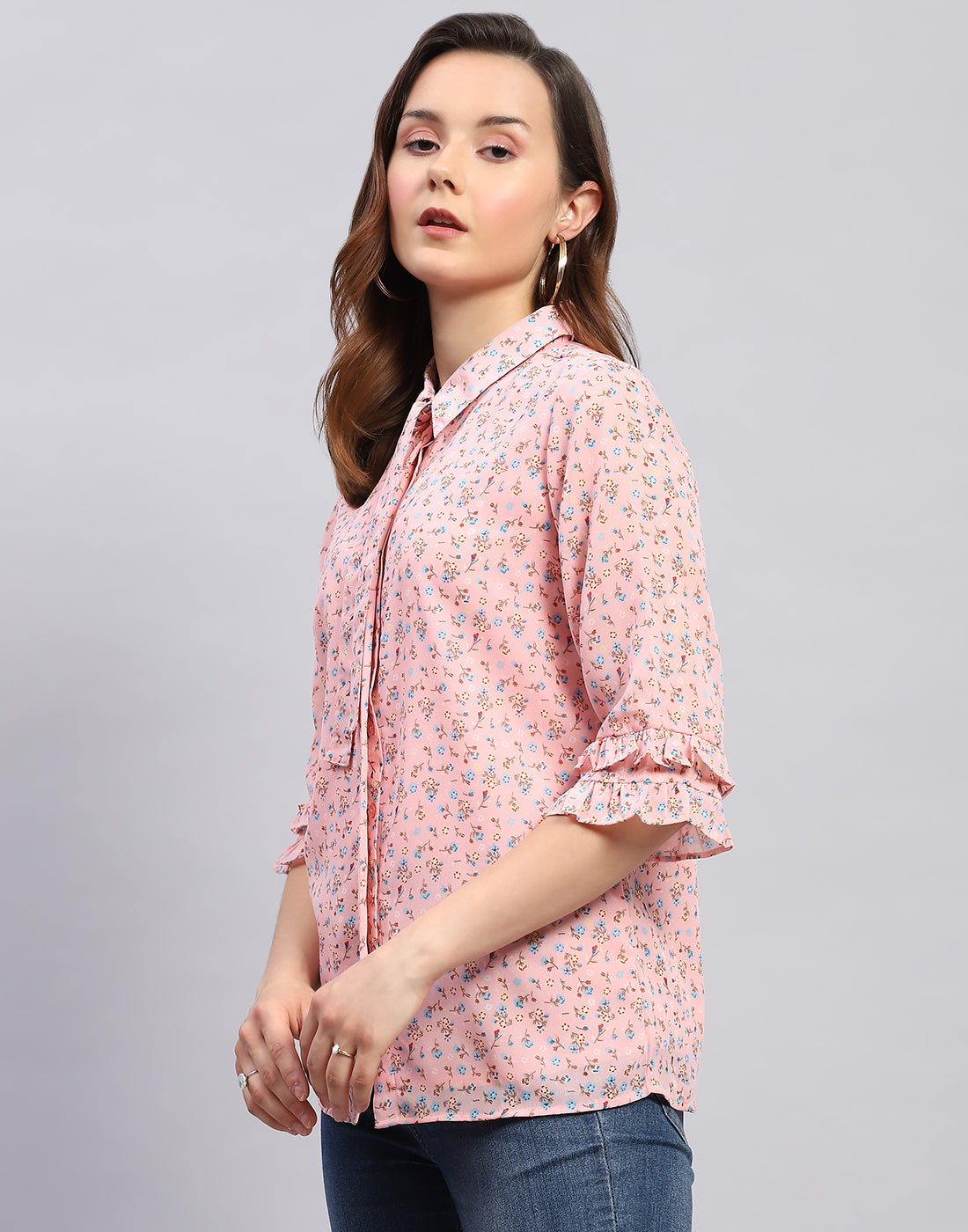 Women Peach Floral Print Collar Neck 3/4 Sleeve Top