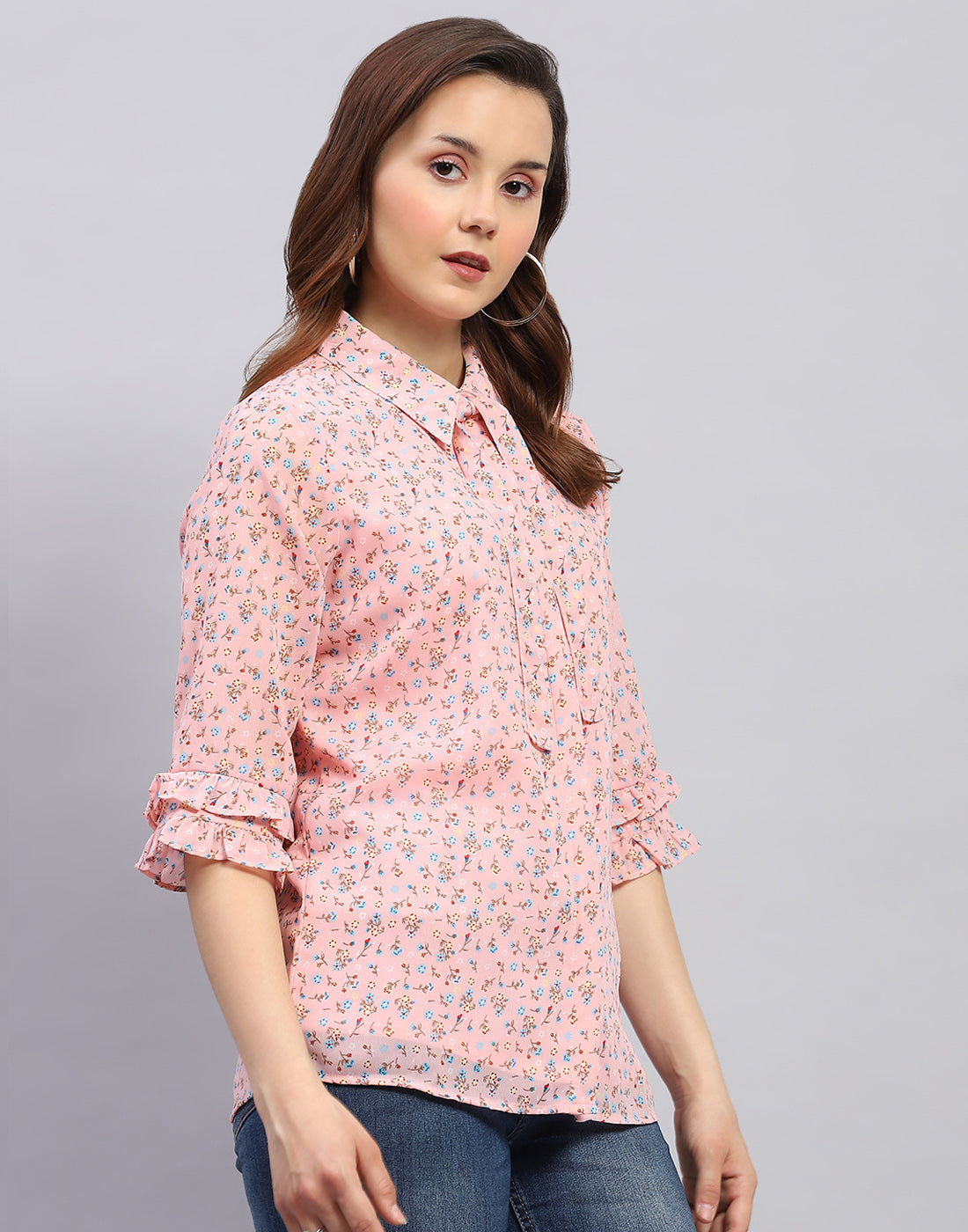 Women Peach Floral Print Collar Neck 3/4 Sleeve Top