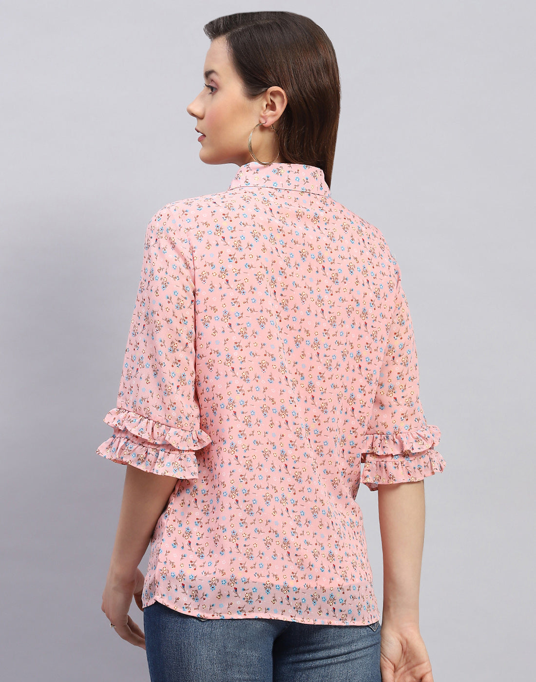 Women Peach Floral Print Collar Neck 3/4 Sleeve Top