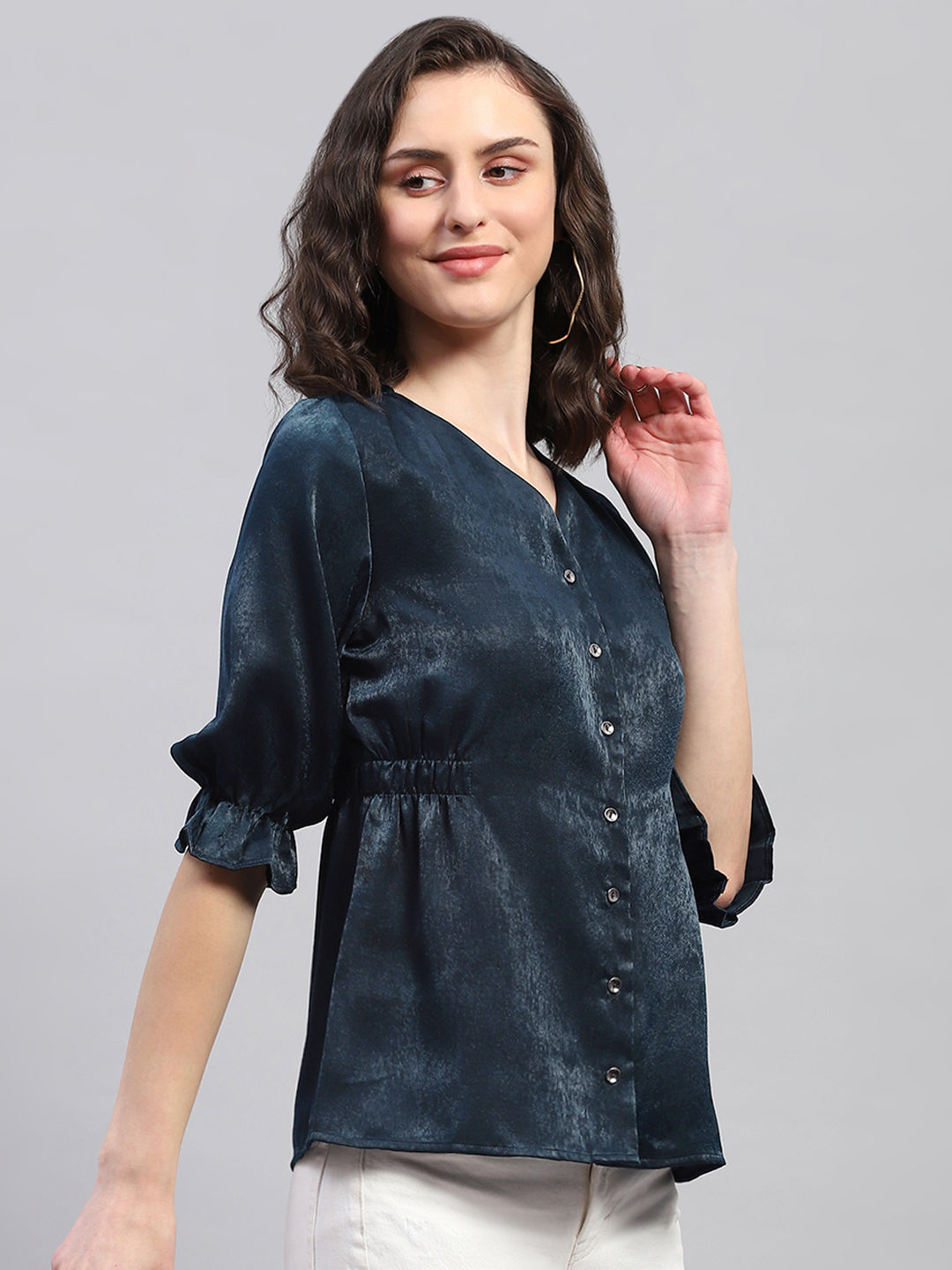 Women Teal Blue Solid V Neck 3/4 Sleeve Top
