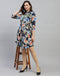 Women Navy Blue Floral Print Collar Neck 3/4 Sleeve Dress