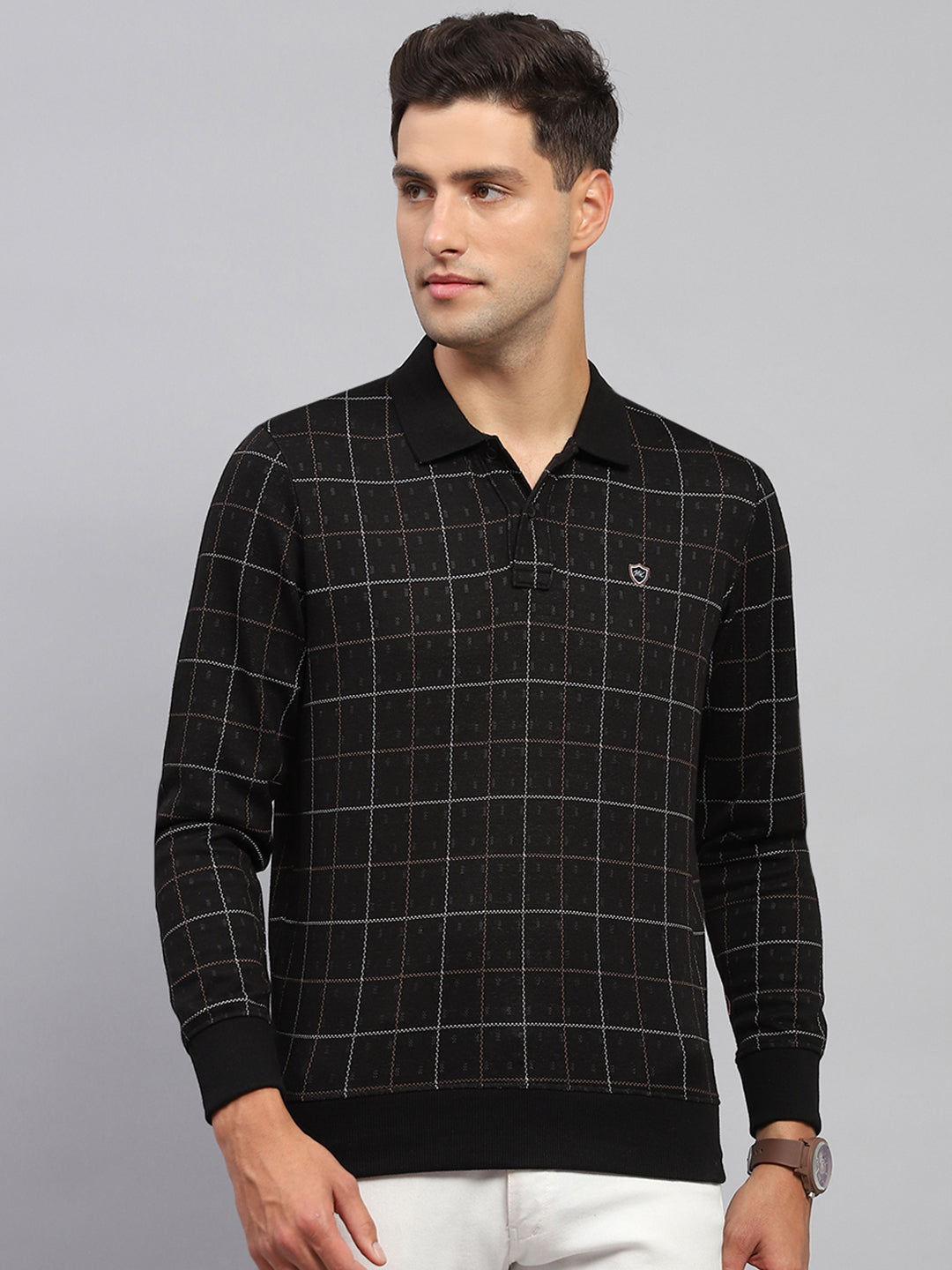 Men Black Check Polo Collar Full Sleeve Sweatshirt