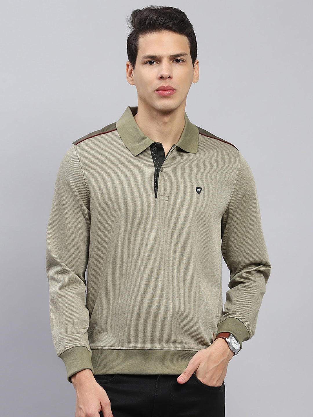 Luxuria Men Olive Solid Collar Full Sleeve Winter T-Shirt