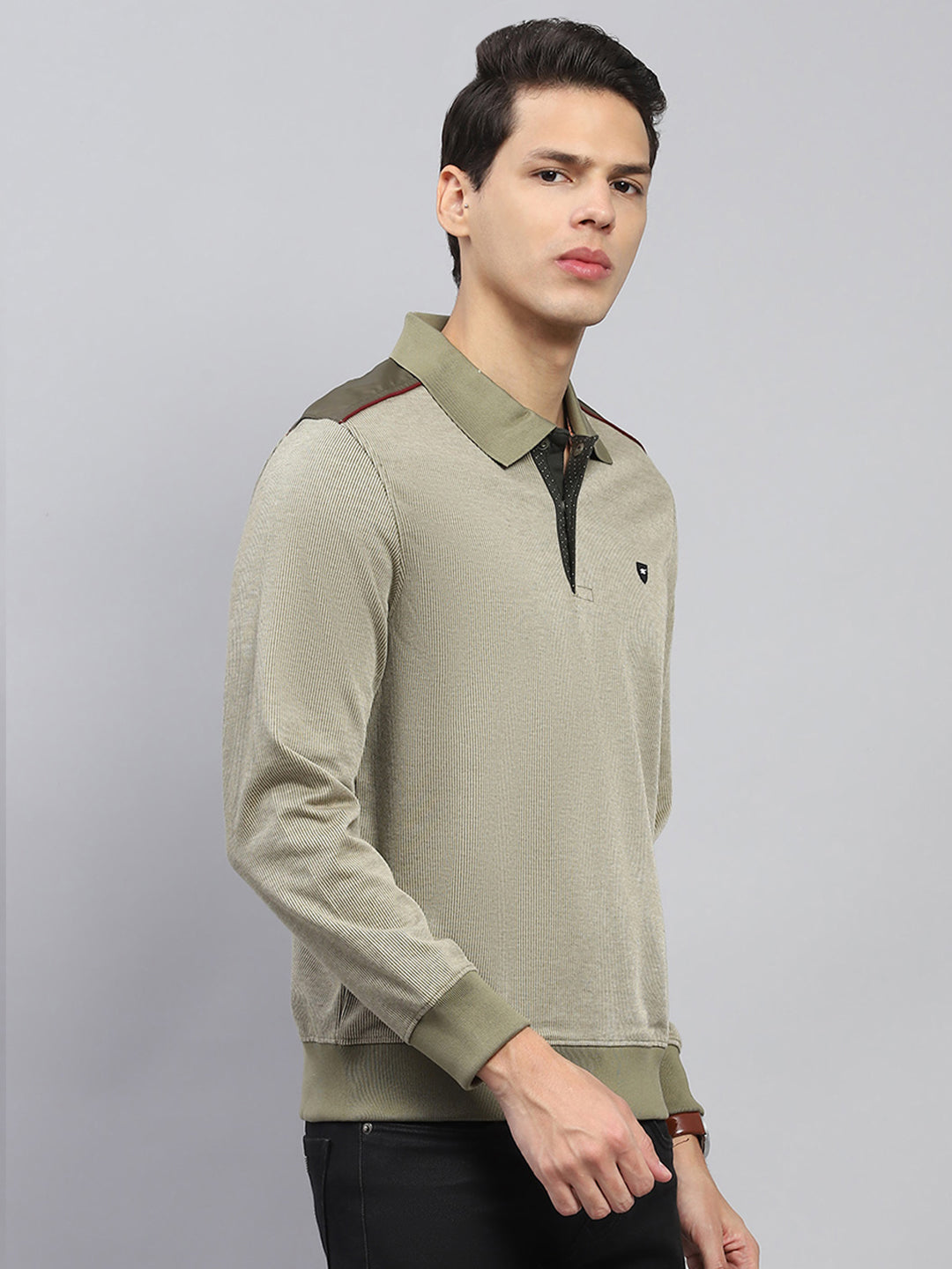 Luxuria Men Olive Solid Collar Full Sleeve Winter T-Shirt