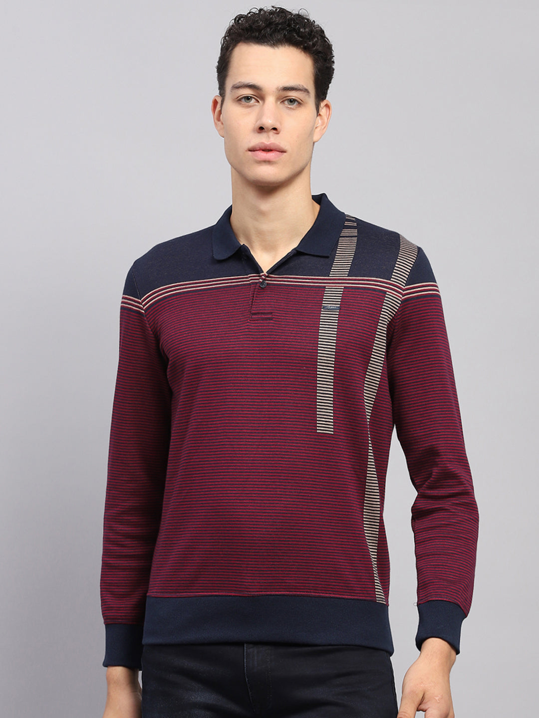 Men Maroon Stripe Polo Collar Full Sleeve Sweatshirt
