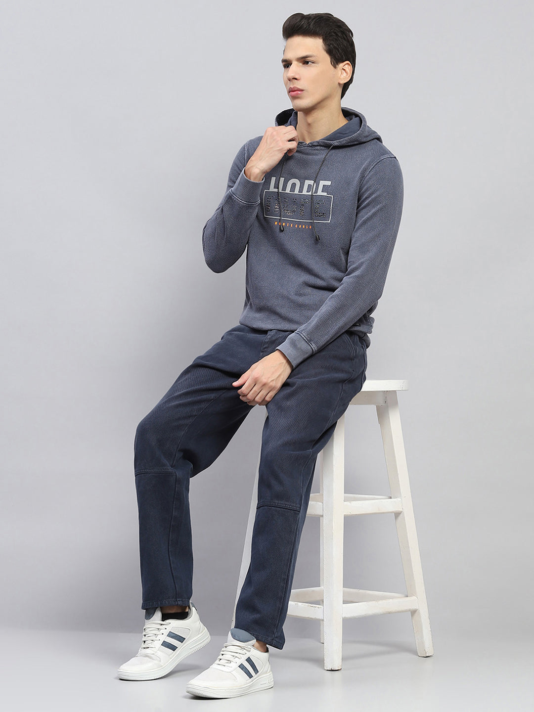 Men Grey Printed Hooded Full Sleeve Winter T-Shirt