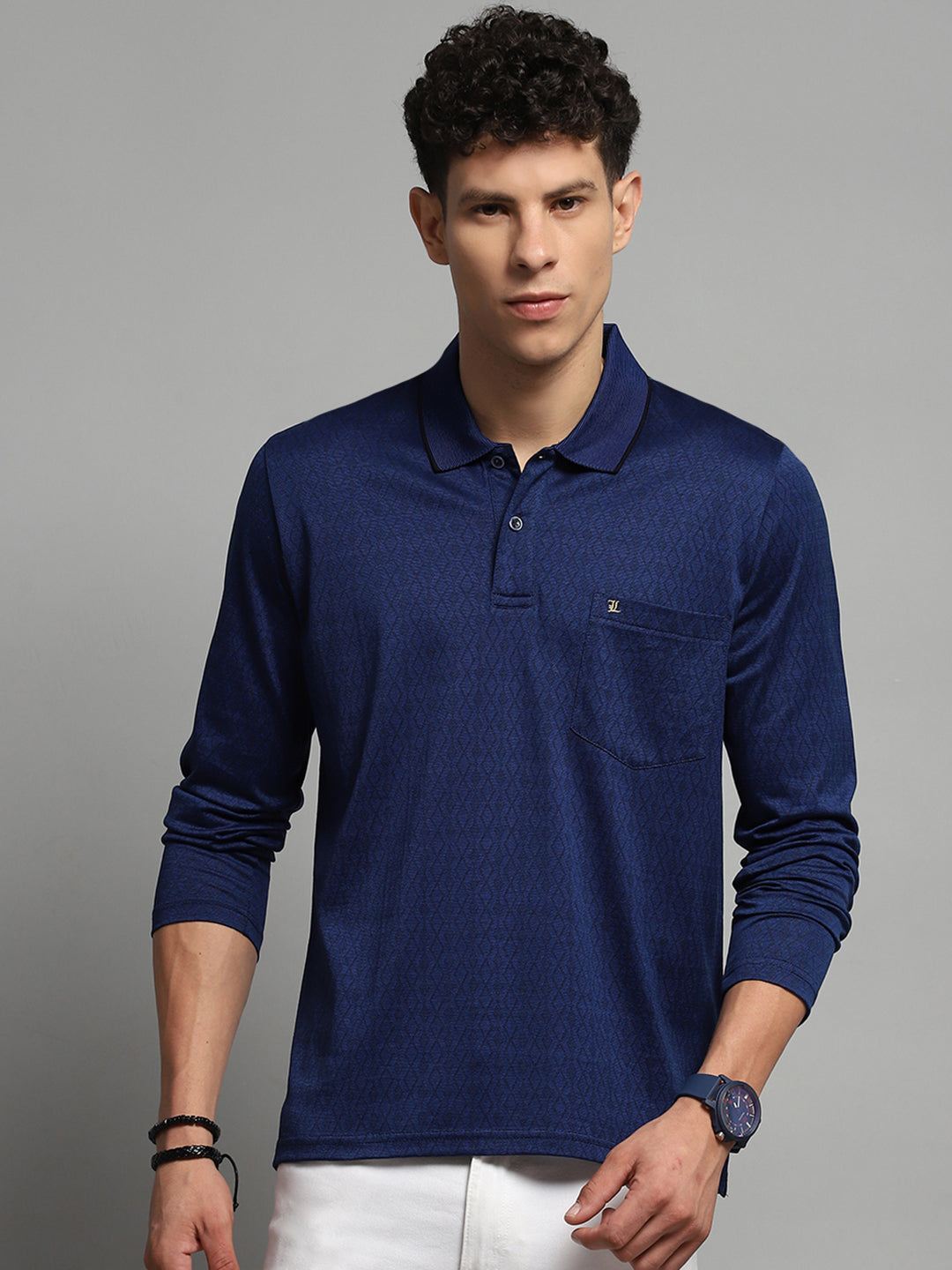 Luxuria Men Blue Self Design Collar Full Sleeve Winter T-Shirt