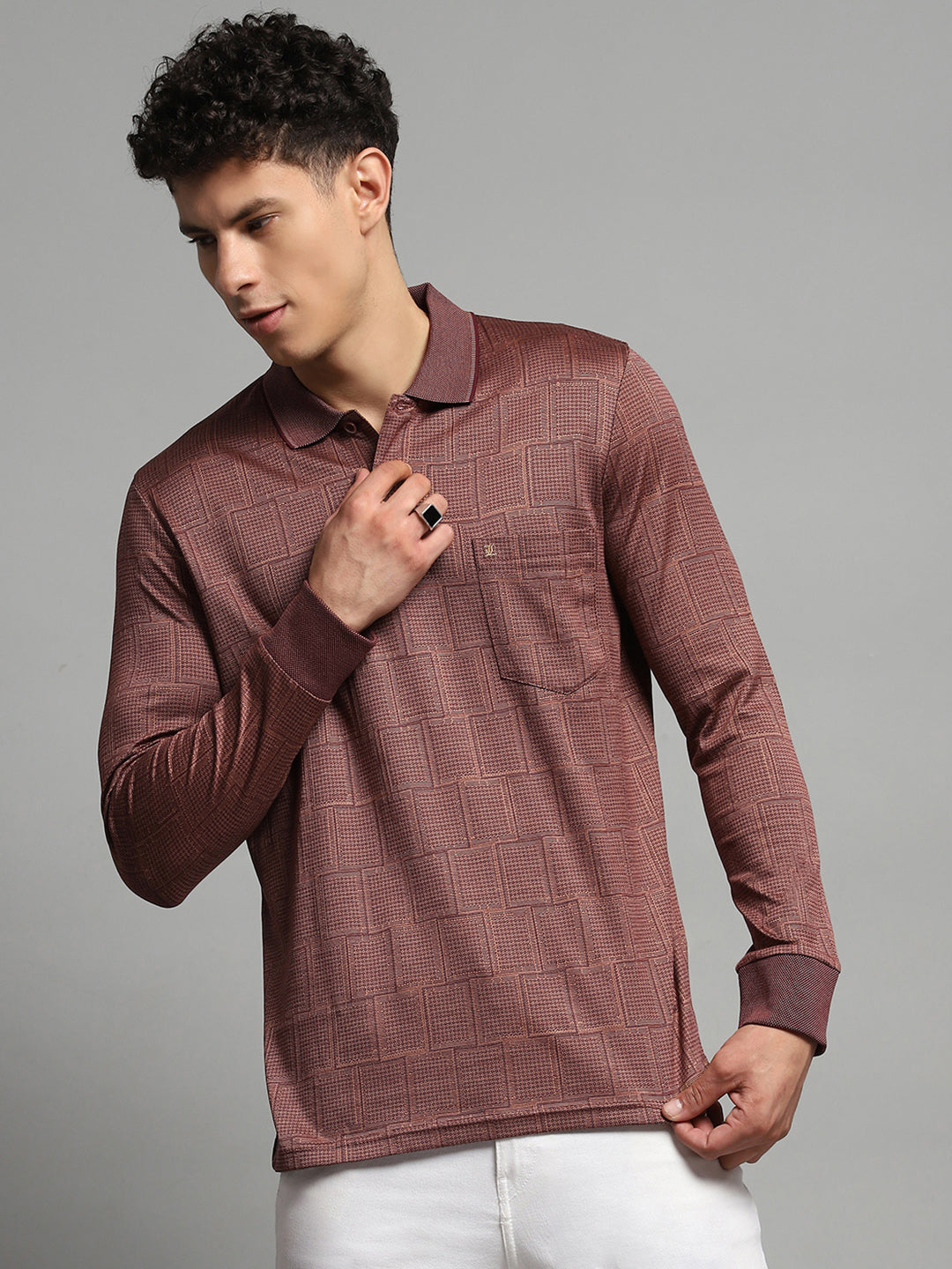 Luxuria Men Brown Self Design Collar Full Sleeve Winter T-Shirt