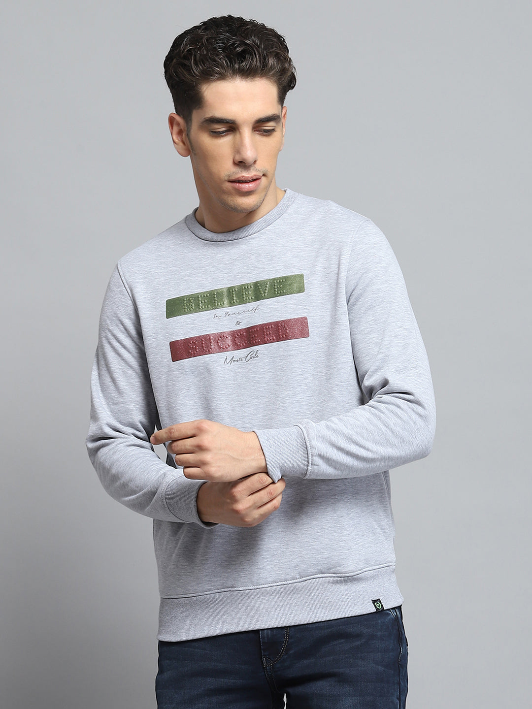 Men Grey Printed Round Neck Full Sleeve Sweatshirt