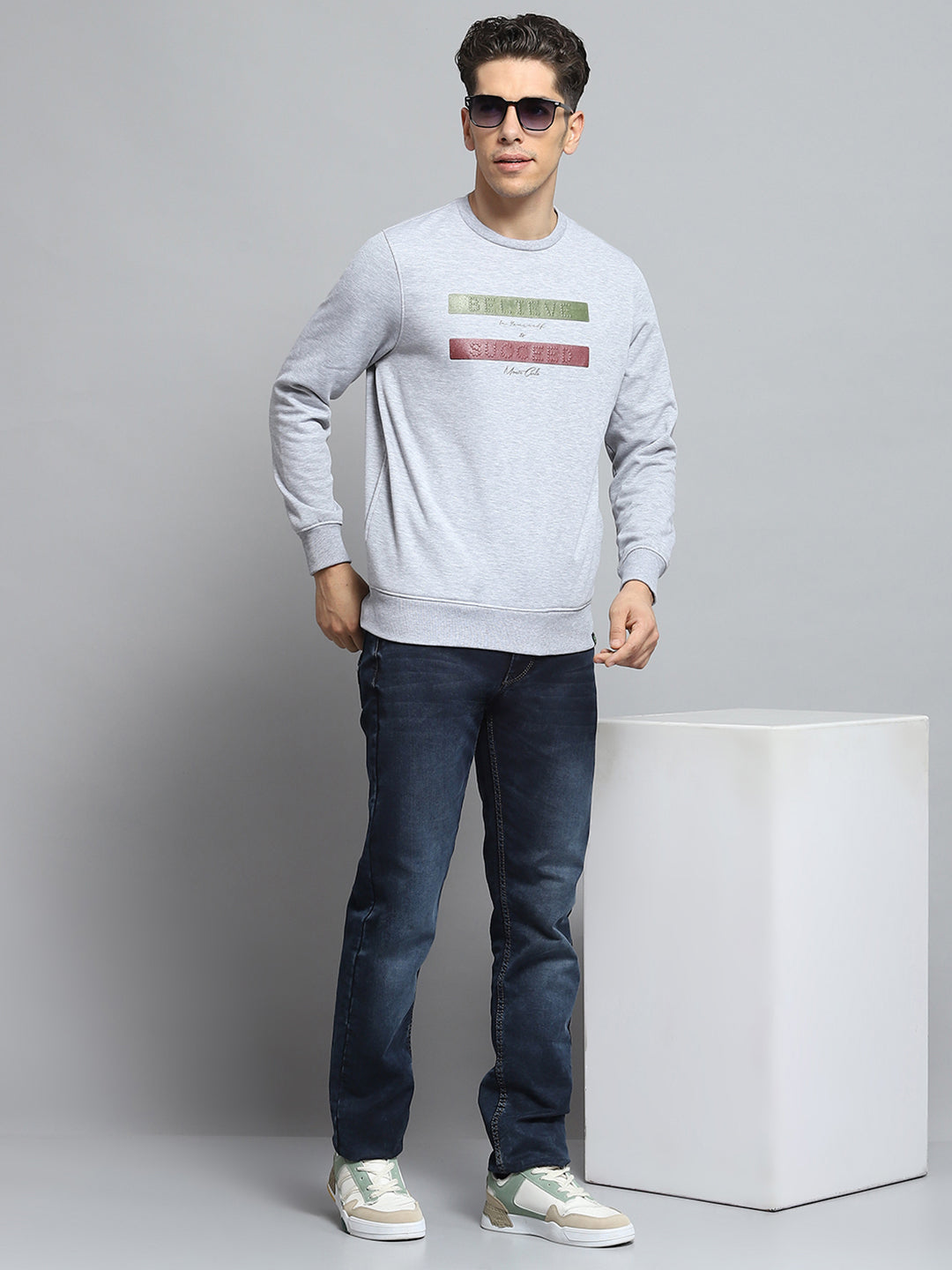 Men Grey Printed Round Neck Full Sleeve Sweatshirt