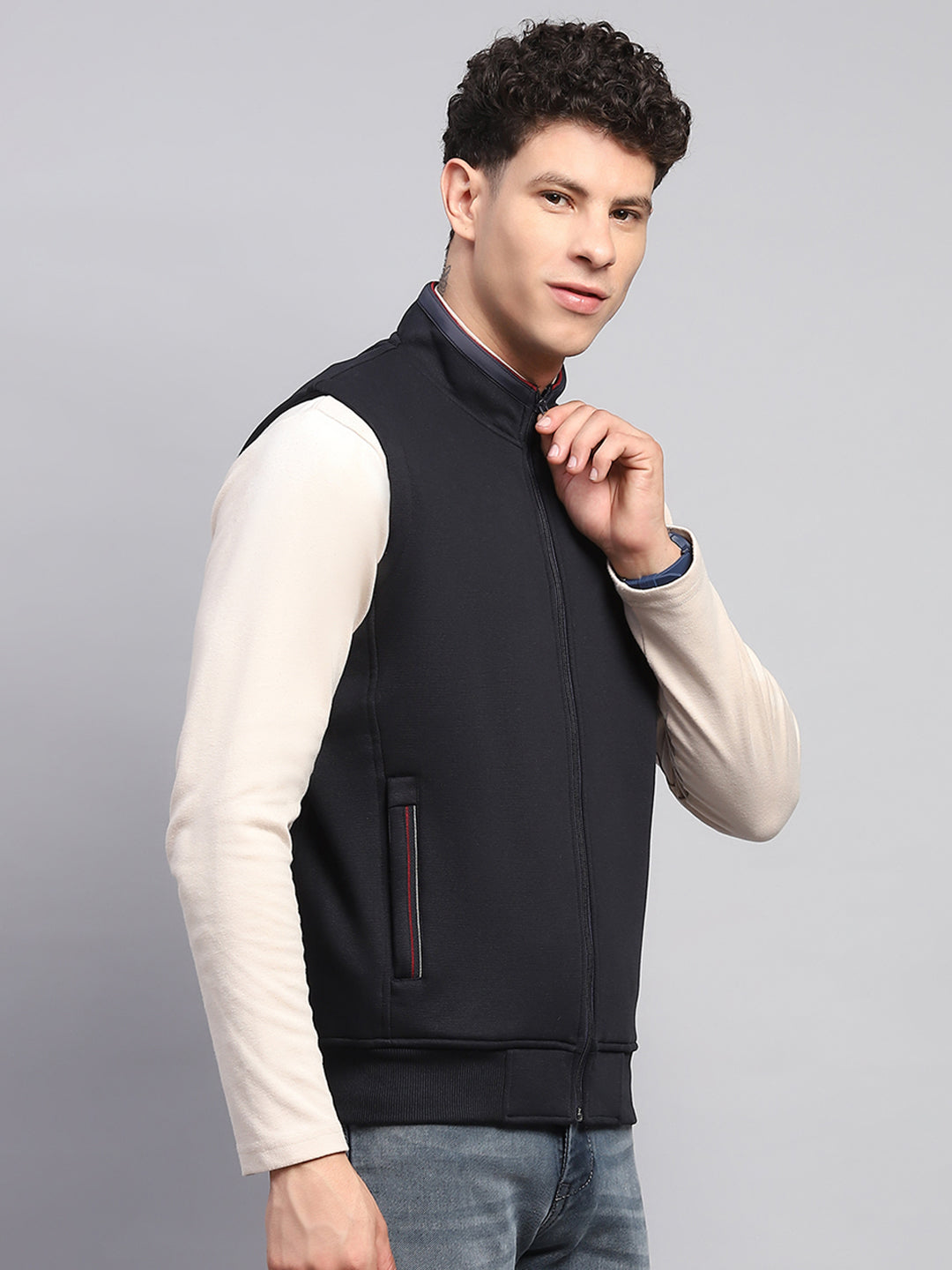 Men Navy Blue Solid Mock Neck Sleeveless Sweatshirt