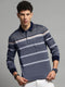 Luxuria Men Navy Blue Stripe Collar Full Sleeve Winter T-Shirt