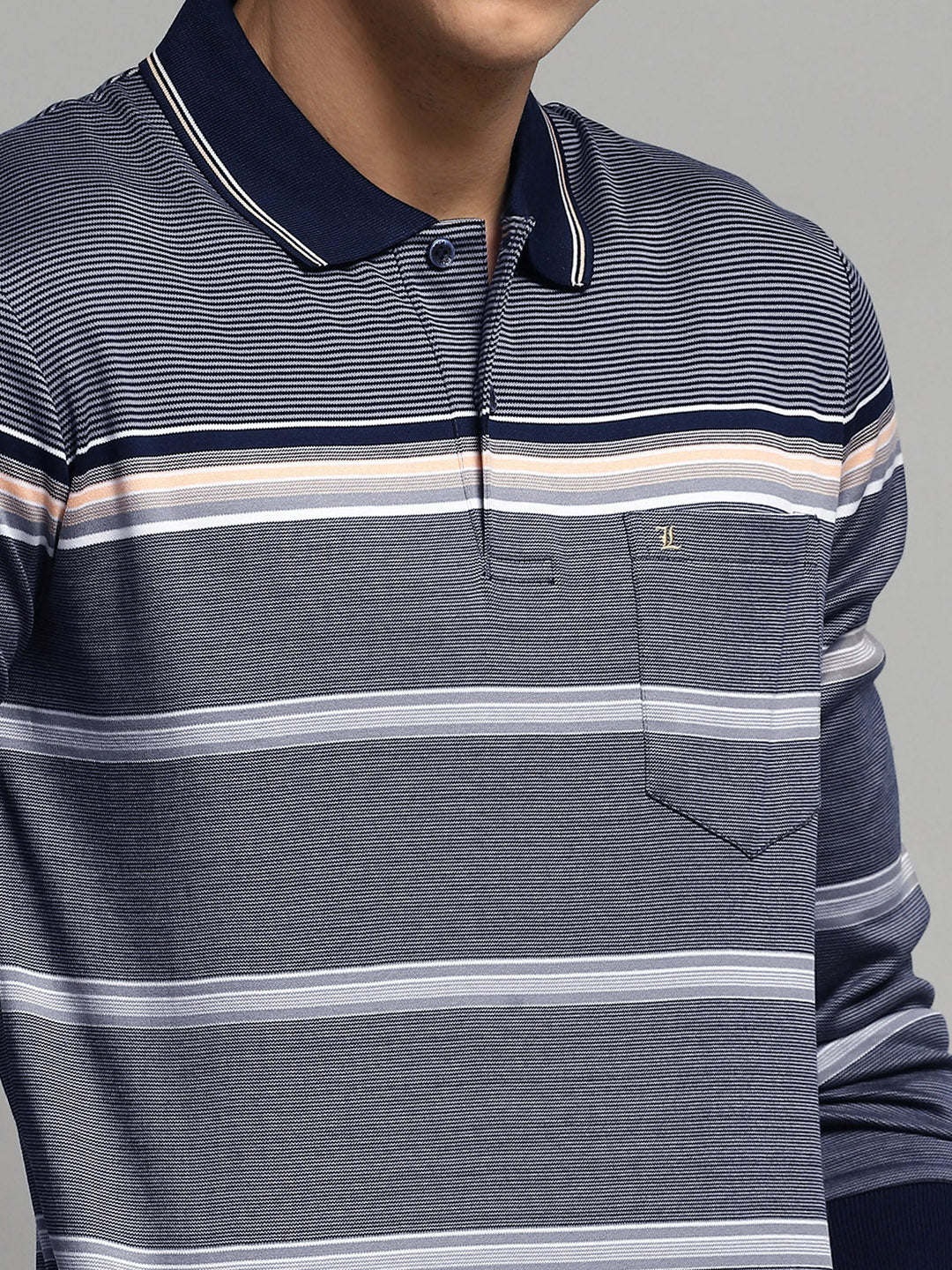Luxuria Men Navy Blue Stripe Collar Full Sleeve Winter T-Shirt