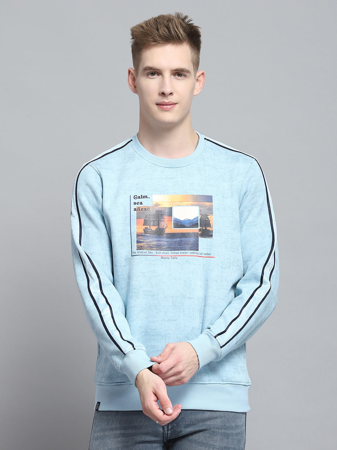 Men Blue Printed Round Neck Full Sleeve Sweatshirt