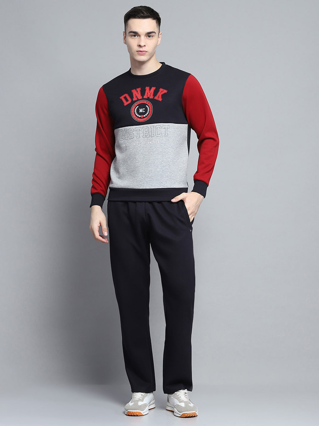 Men Navy Blue Printed Round Neck Full Sleeve Winter Tracksuit