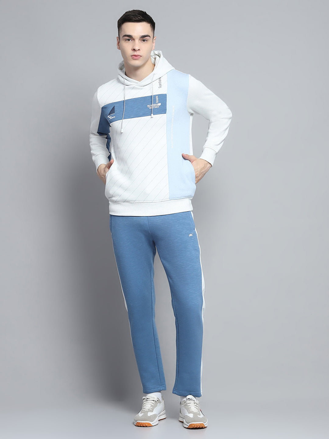 Men Blue Printed Hooded Full Sleeve Winter Tracksuit
