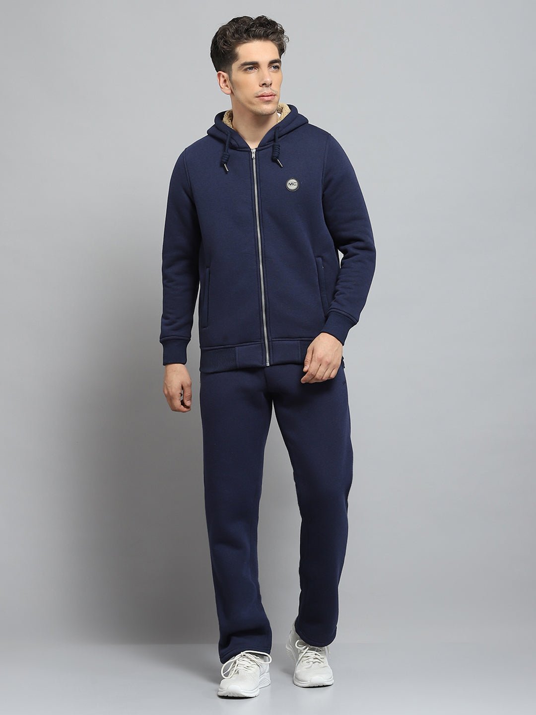 Men Blue Solid Hooded Full Sleeve Winter Tracksuit