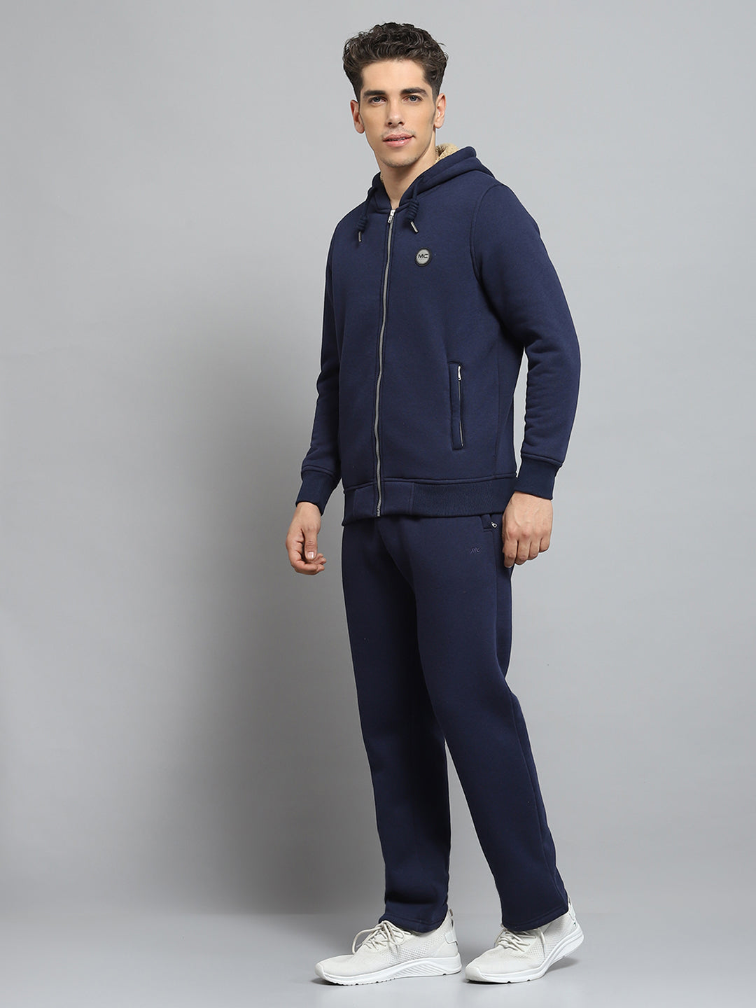 Men Blue Solid Hooded Full Sleeve Winter Tracksuit