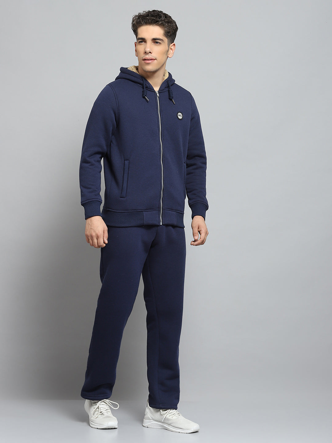 Men Blue Solid Hooded Full Sleeve Winter Tracksuit
