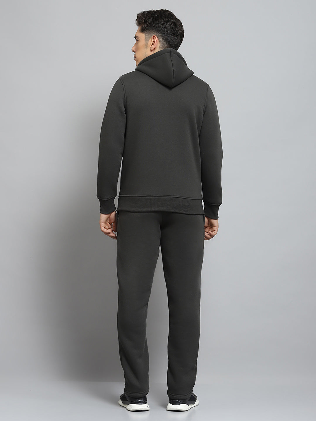 Men Olive Solid Hooded Full Sleeve Winter Tracksuit