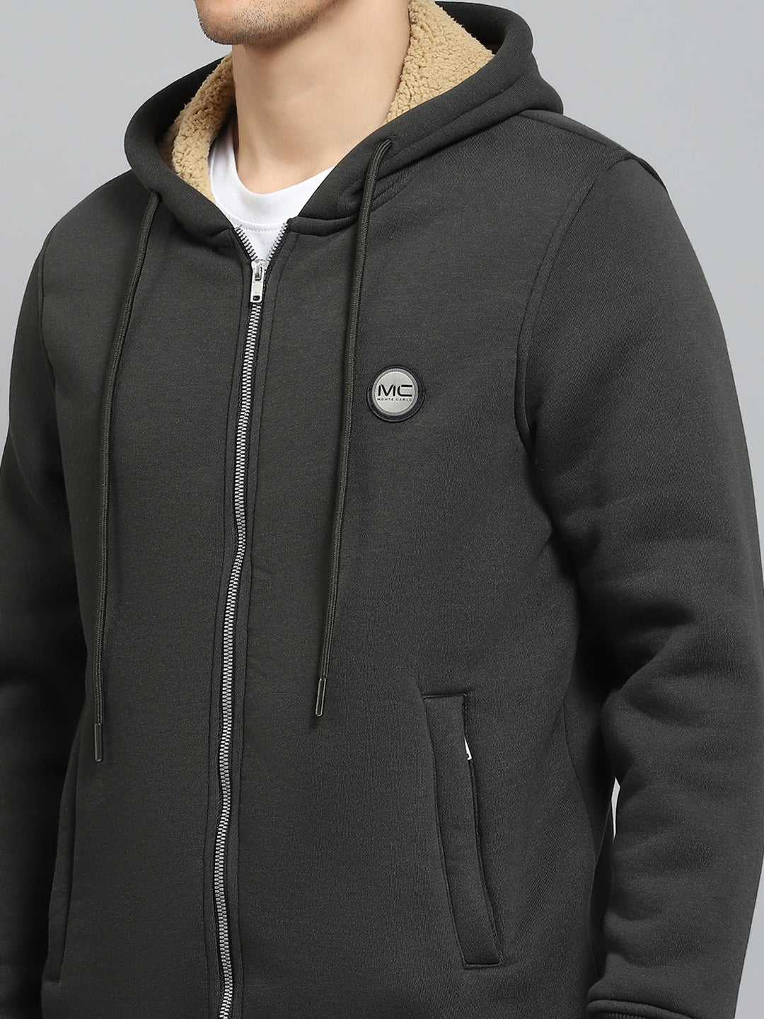 Men Olive Solid Hooded Full Sleeve Winter Tracksuit