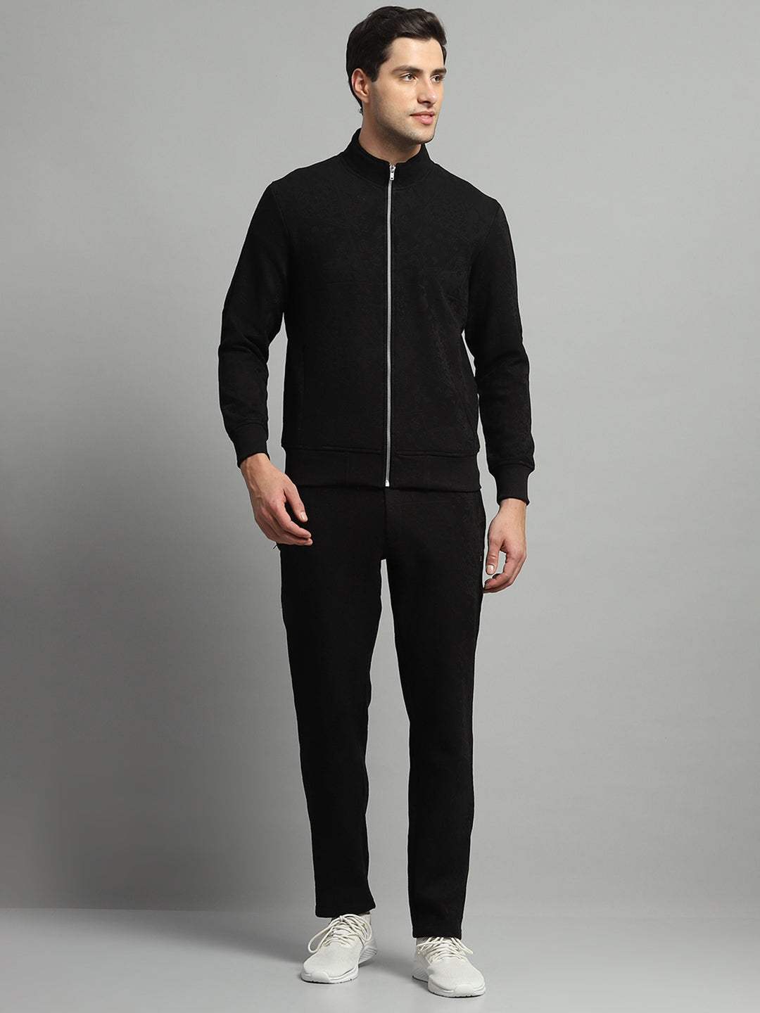 Luxuria Men Black Self Design Mock Neck Full Sleeve Winter Tracksuit