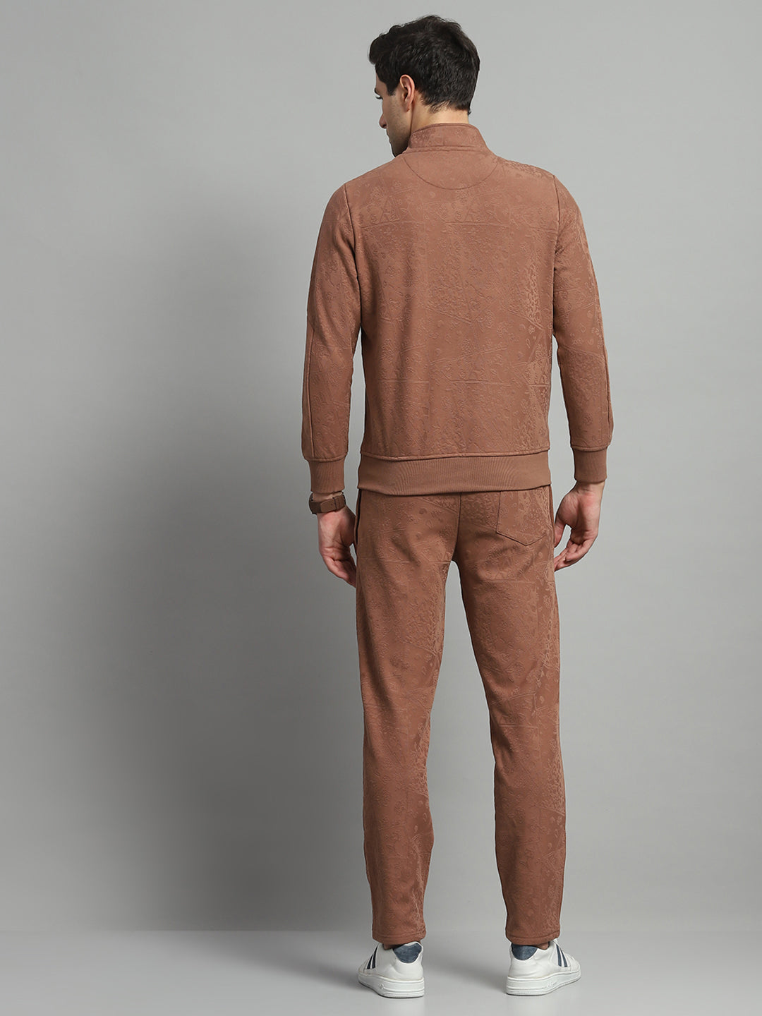 Luxuria Men Brown Self Design Mock Neck Full Sleeve Winter Tracksuit