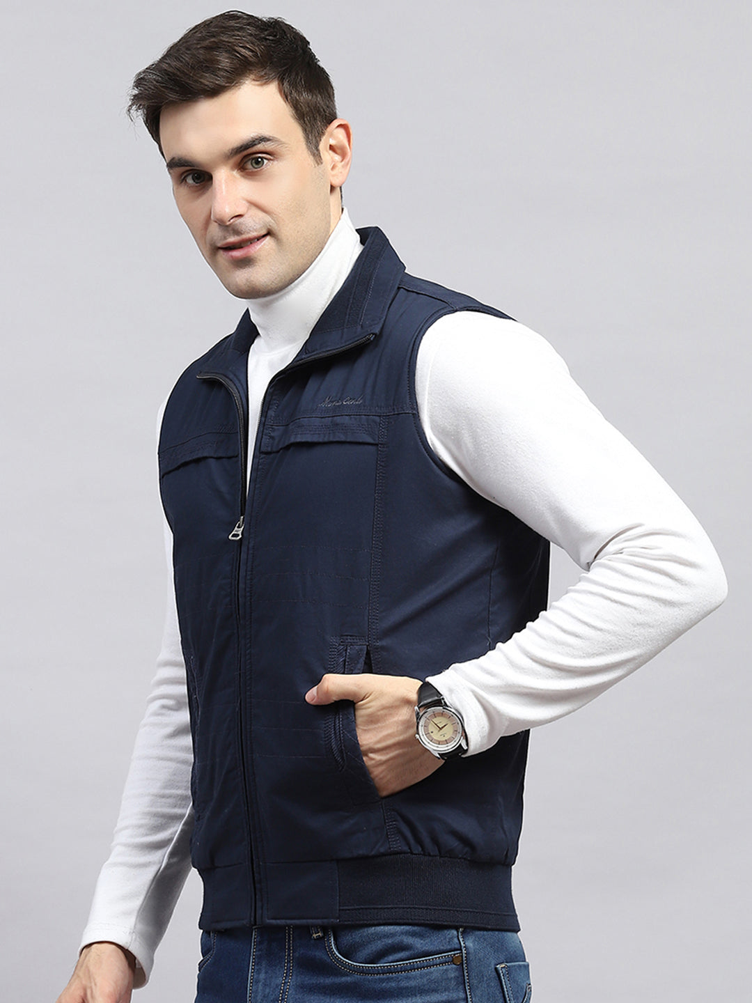 Men Navy Blue Solid Collar Sleeveless Jacket