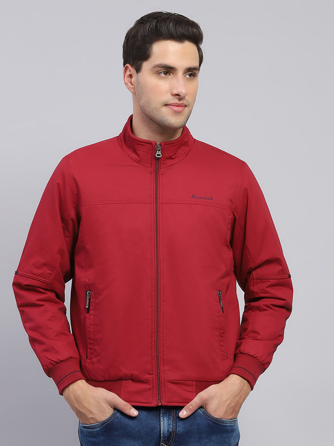 Men Maroon Solid Mock Neck Full Sleeve Jacket