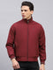 Men Maroon Solid Mock Neck Full Sleeve Jacket
