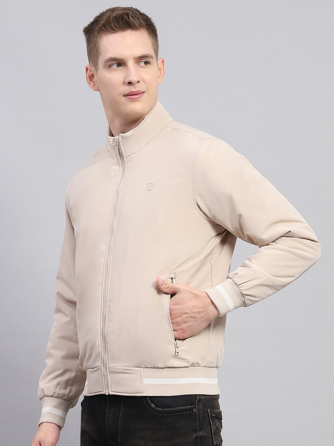 Men Beige Solid Mock Neck Full Sleeve Jacket