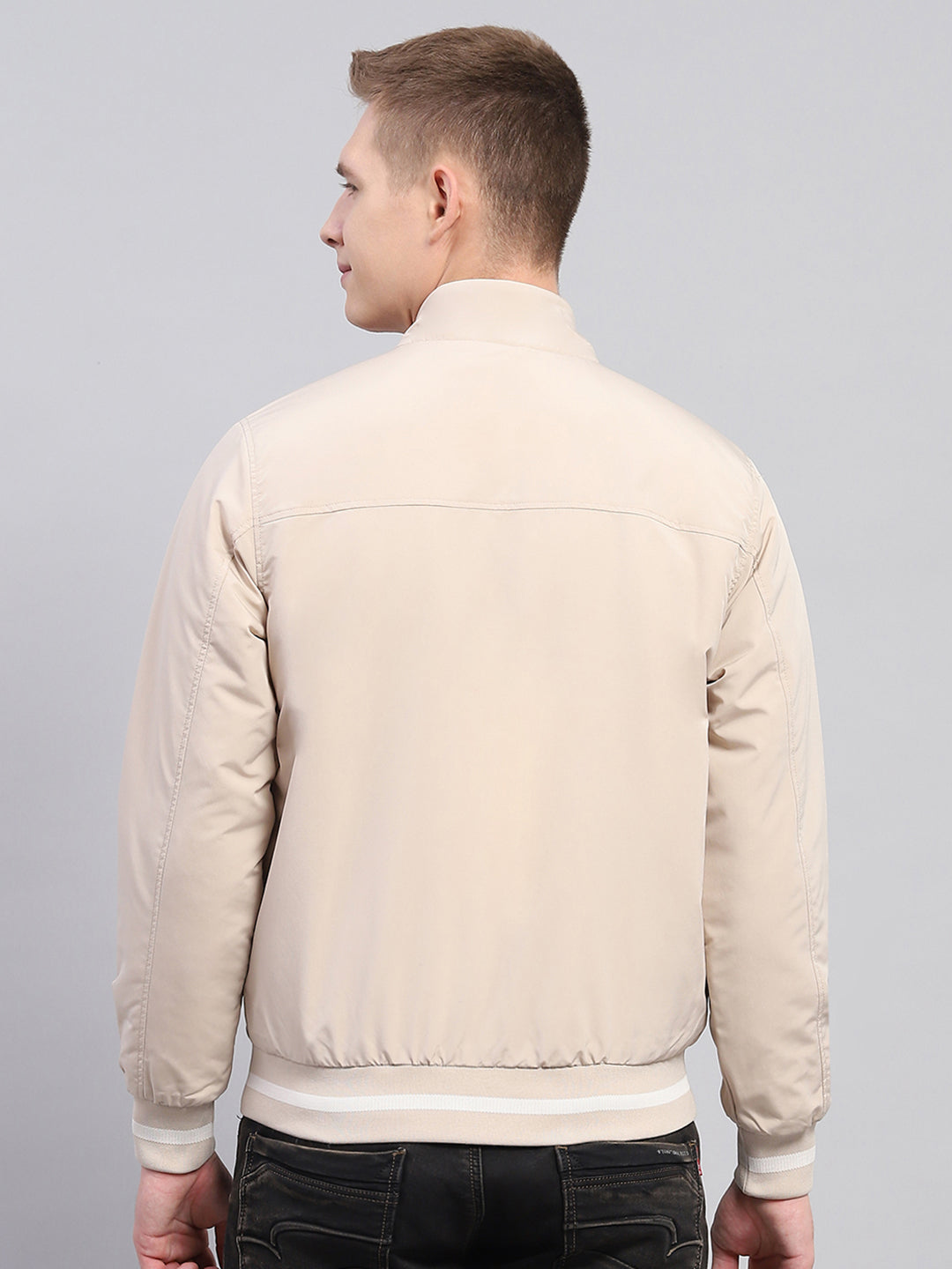 Men Beige Solid Mock Neck Full Sleeve Jacket